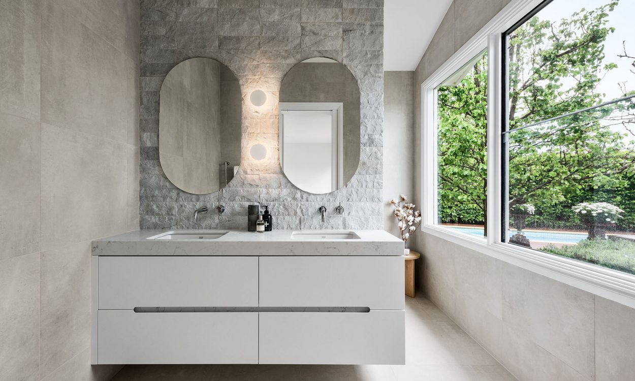 Mount Martha Holiday House Renovation Ensuite Bathroom Double Vanity Oval Mirror Custom Vanity Hidden Walk In Shower