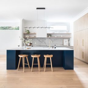 Alphington Home Renovation Melbourne Interior Design Intergrated Applicances Engineered FloorboardsB Blue Kitchen Island Brushed Brass Tapware Marble Benchtop Splashback